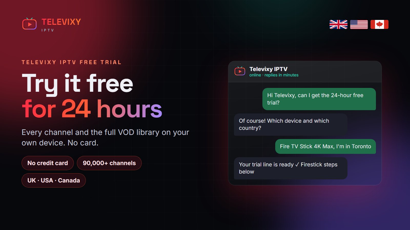 Televixy IPTV free trial — 24 hours, UK, USA and Canada